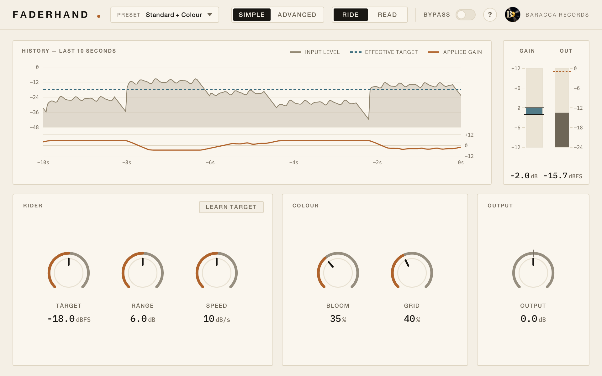 The Faderhand editor with a ten-second history of input level, target and applied gain.